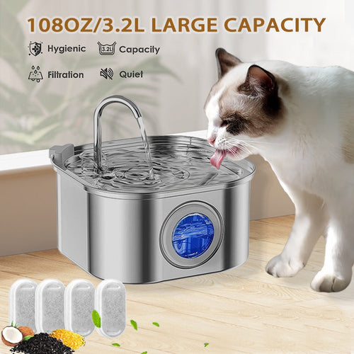 Cat Water Fountain Stainless Steel,108oz 3.2L Cat Fountain For