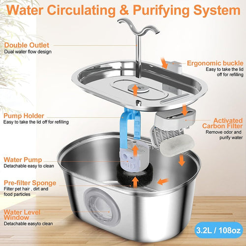 3.2L Cowhorn Model Pet Water Dispenser - Stainless Steel Automatic