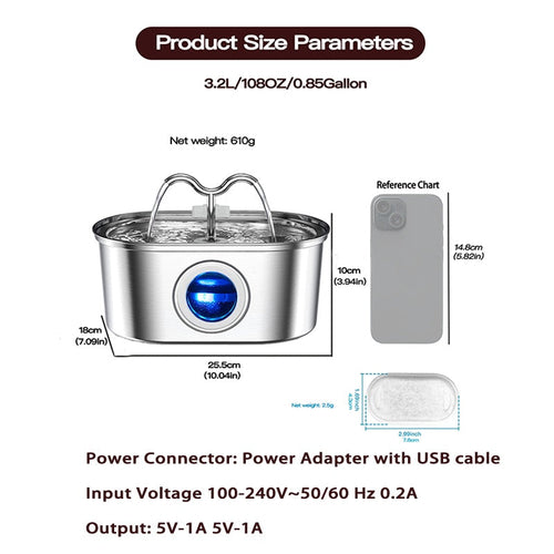 3.2L Cowhorn Model Pet Water Dispenser - Stainless Steel Automatic