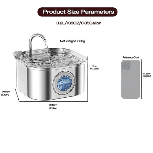 Cat Water Fountain Stainless Steel,108oz 3.2L Cat Fountain For
