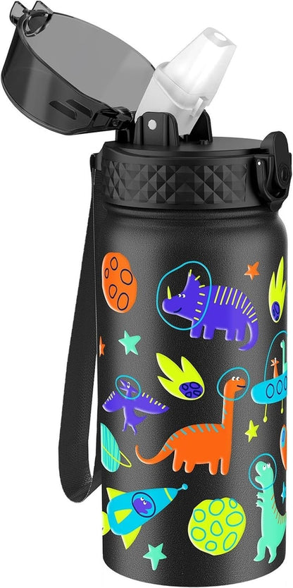 Kids Water Bottle (Straw Lid) - 14 Oz Stainless Steel Travel Bottle,